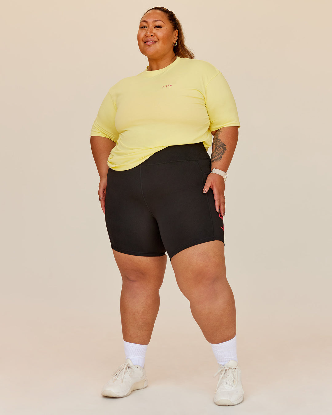 Woman wearing Bold Brave and Kind FLXCotton Oversized Tee - Lemon Fizz | Model:Lilz | Size:3XL