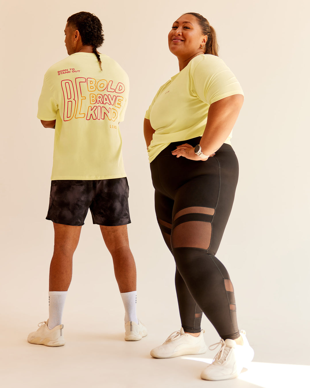 Duo wearing Bold Brave and Kind FLXCotton Oversized Tee - Lemon Fizz | Model:Both | Size:Duo