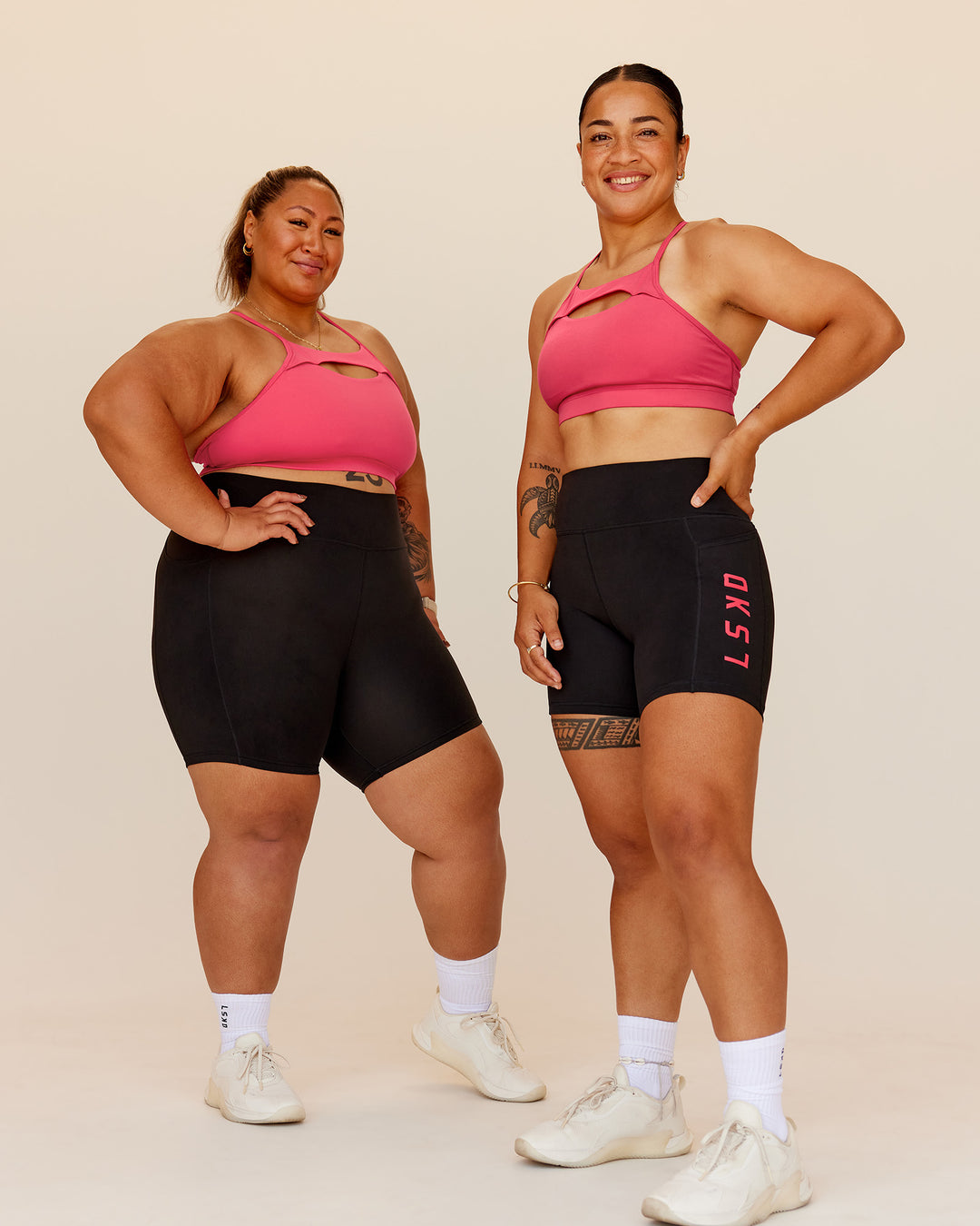 Woman wearing Rep Ultra High-Rise 6" Short Pockets - Black-Bright Raspberry | Model:Both | Size:Duo