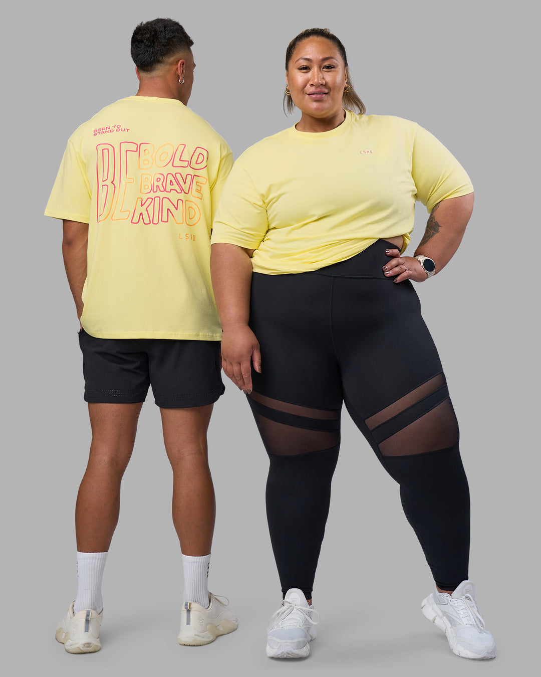 Duo wearing Bold Brave and Kind FLXCotton Oversized Tee - Lemon Fizz | Model:Both | Size:Duo