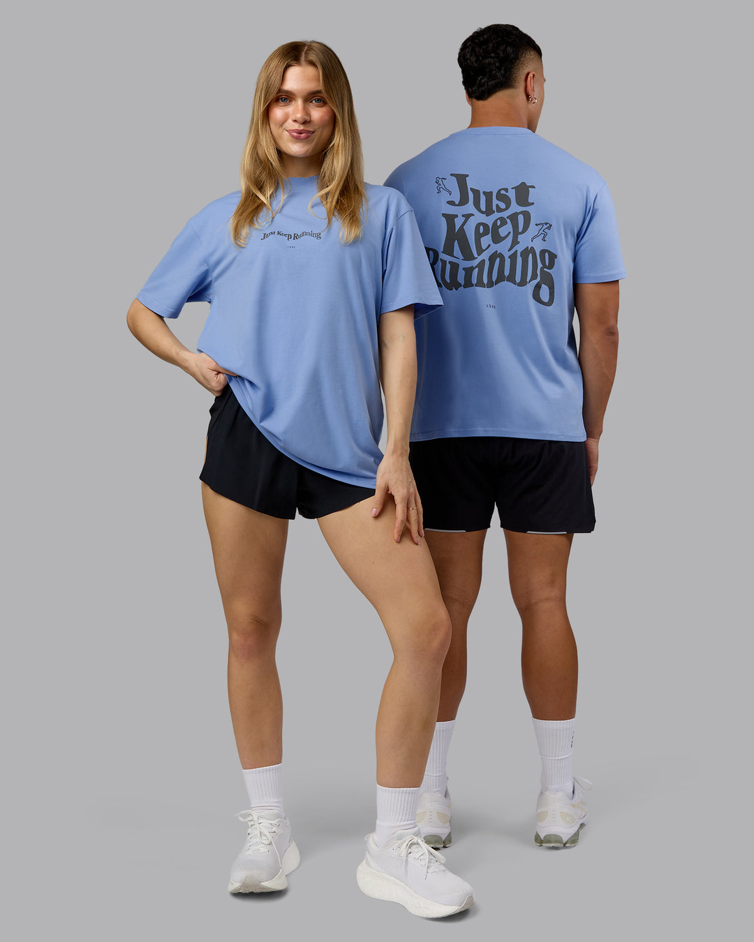 Duo wearing Just Run FLXCotton Oversized Tee - Soft Blue-Dark Storm | Model:Both | Size:Duo