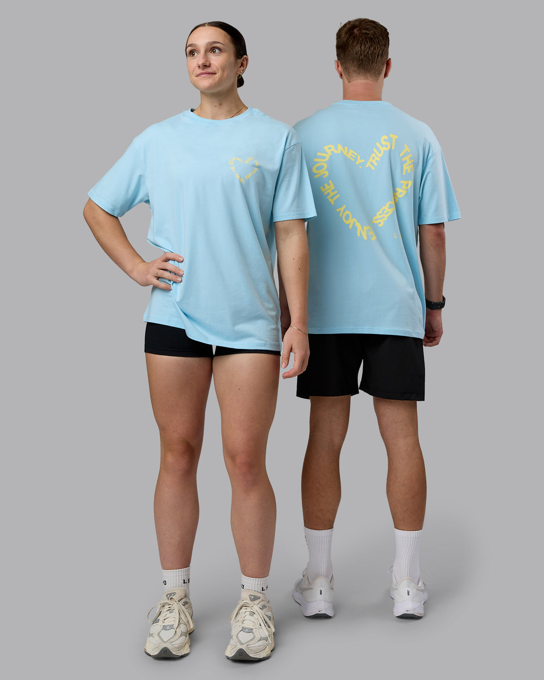 Duo wearing Love The Process FLXCotton Oversize Tee - Crystal Blue-Lemon | Model:Both | Size:Duo