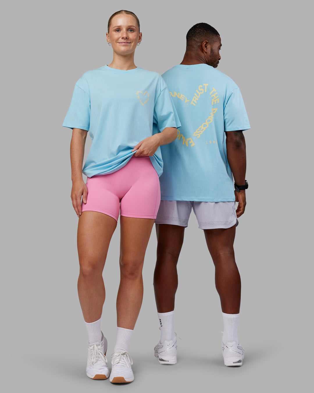 Duo wearing Love The Process FLXCotton Oversize Tee - Crystal Blue-Lemon | Model:Both | Size:Duo