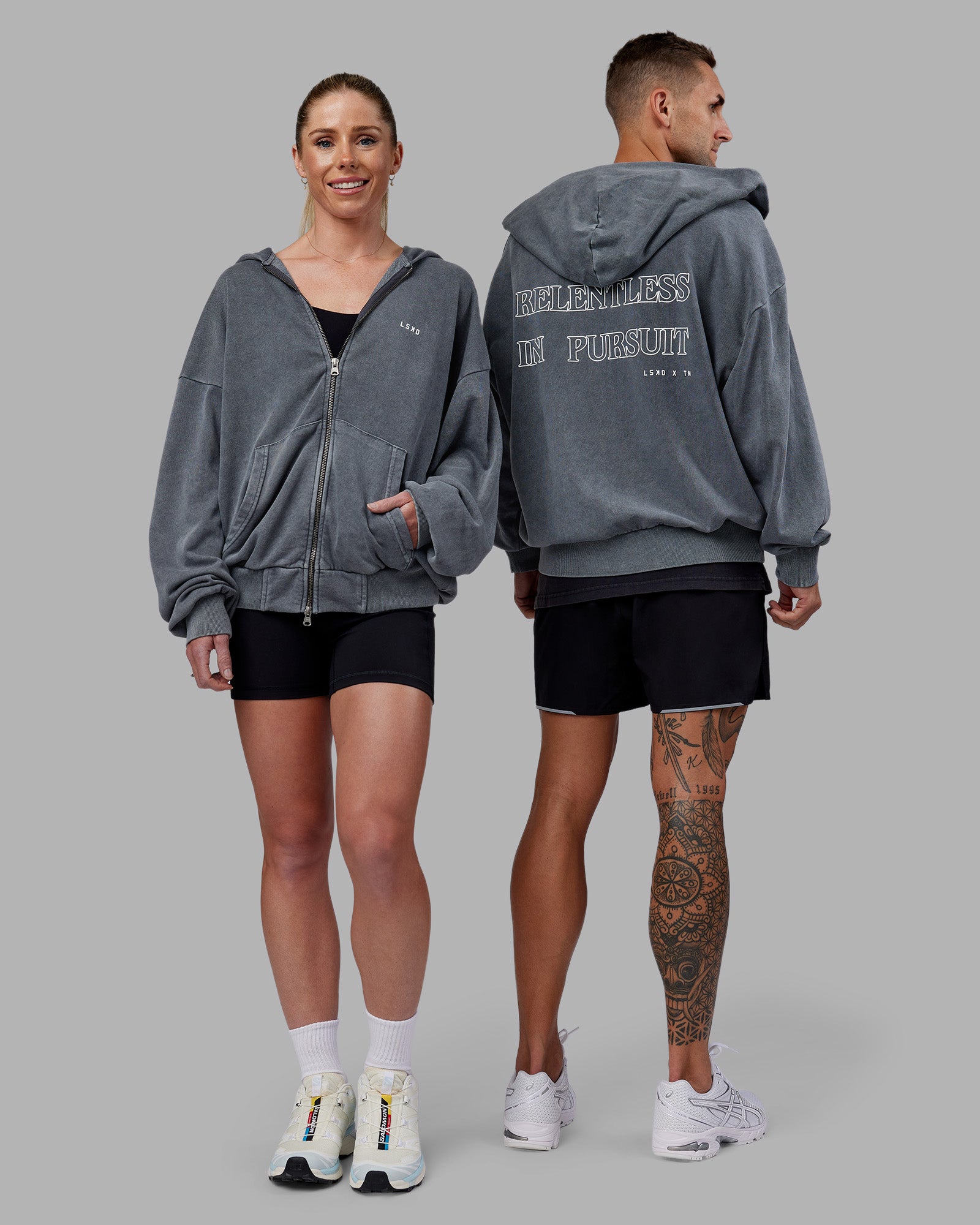 Duo wearing Relentless Washed Zip Through Oversized Hoodie - Dark Storm-White | Model:Both | Size:Duo