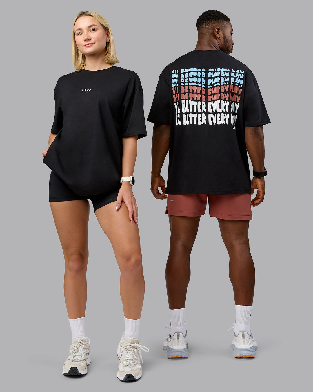 Duo wearing On Repeat FLXCotton Oversized Tee - Black-Mahogany | Model:Both | Size:Duo