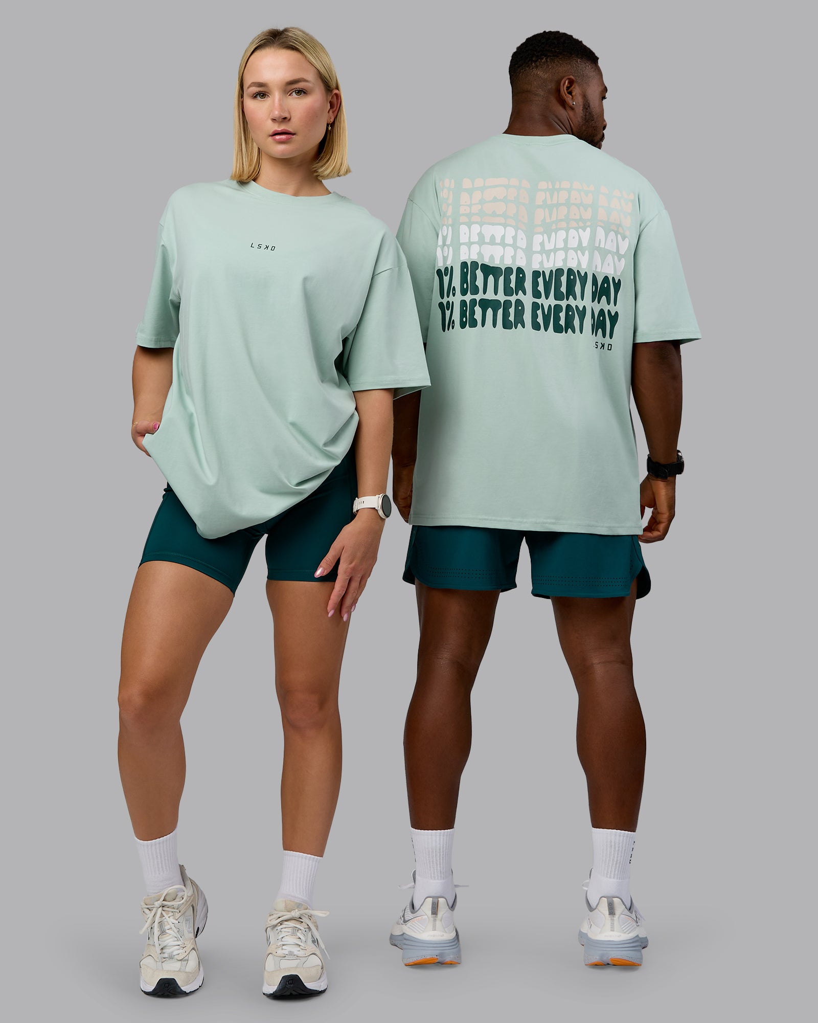 Duo wearing On Repeat FLXCotton Oversized Tee - Blue Haze-Dark Moss | Model:Both | Size:Duo
