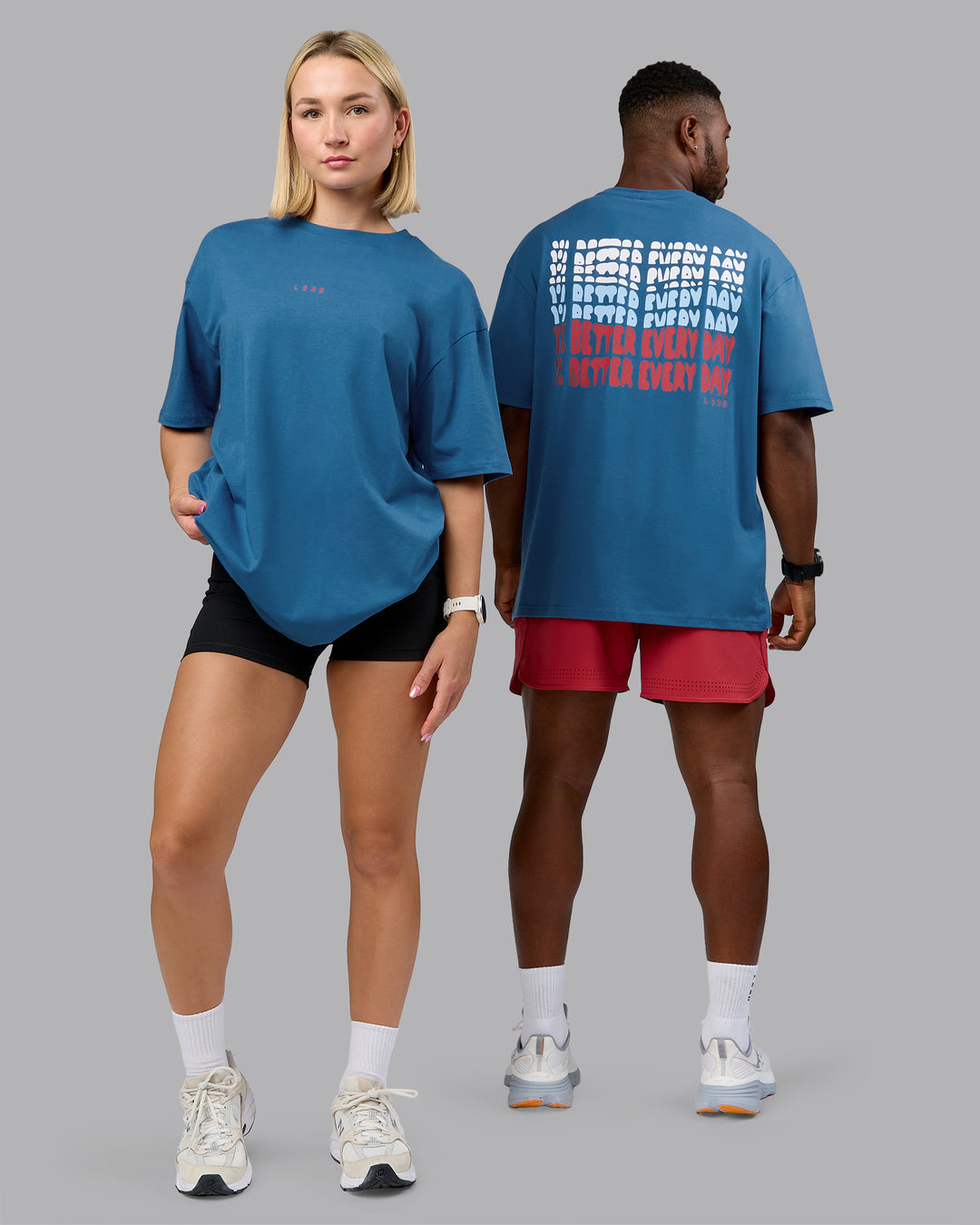 Duo wearing On Repeat FLXCotton Oversized Tee - High Tide-Claret | Model:Both | Size:Duo