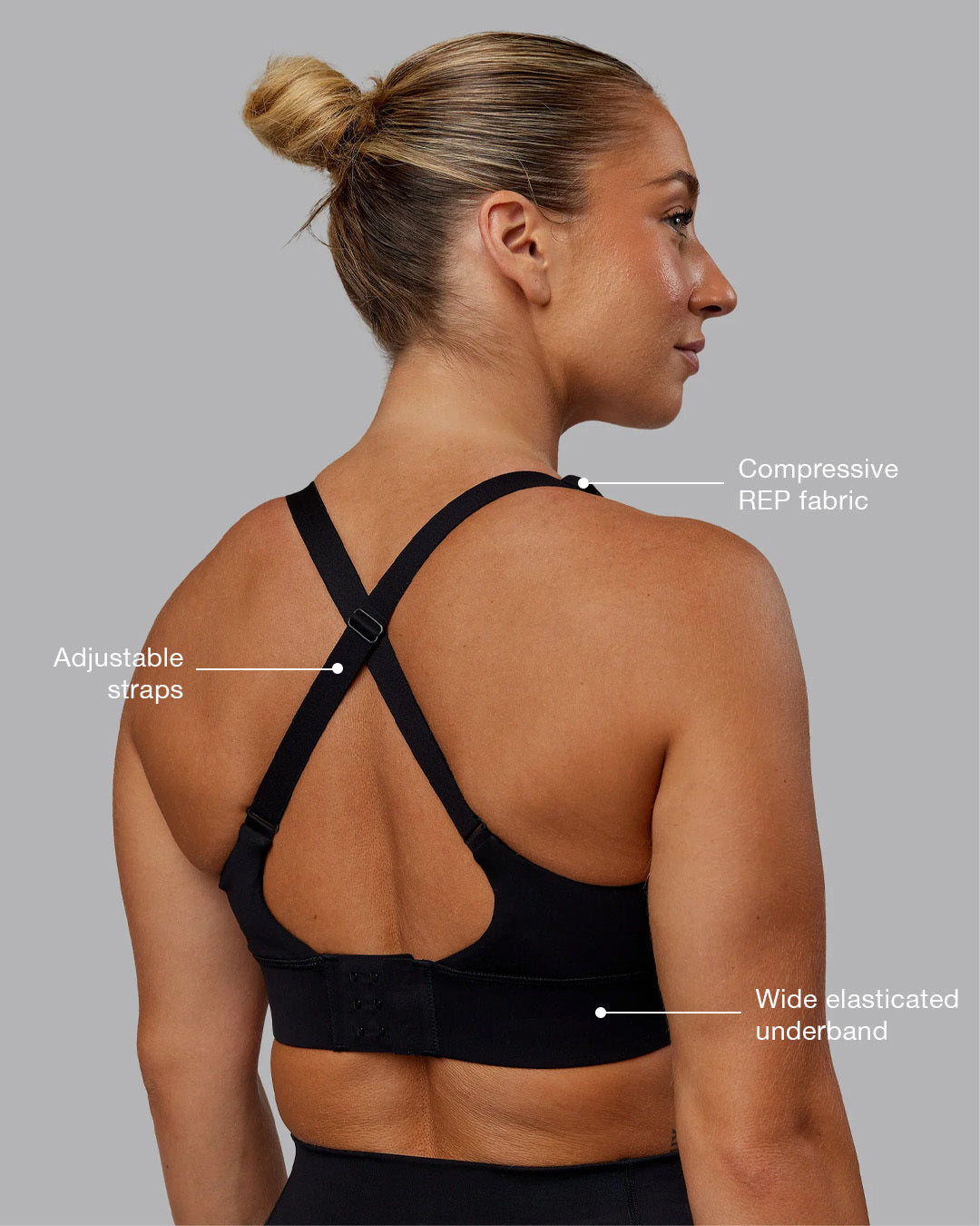 Woman wearing Accelerate Sports Bra in Black | Size:S
