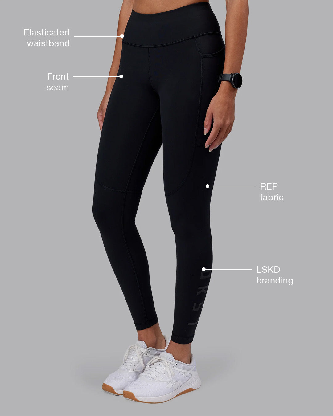 Woman wearing Rep Ultra High-Rise Full Length Legging Pockets - Black-Black | Model:Rhiley | Size:S