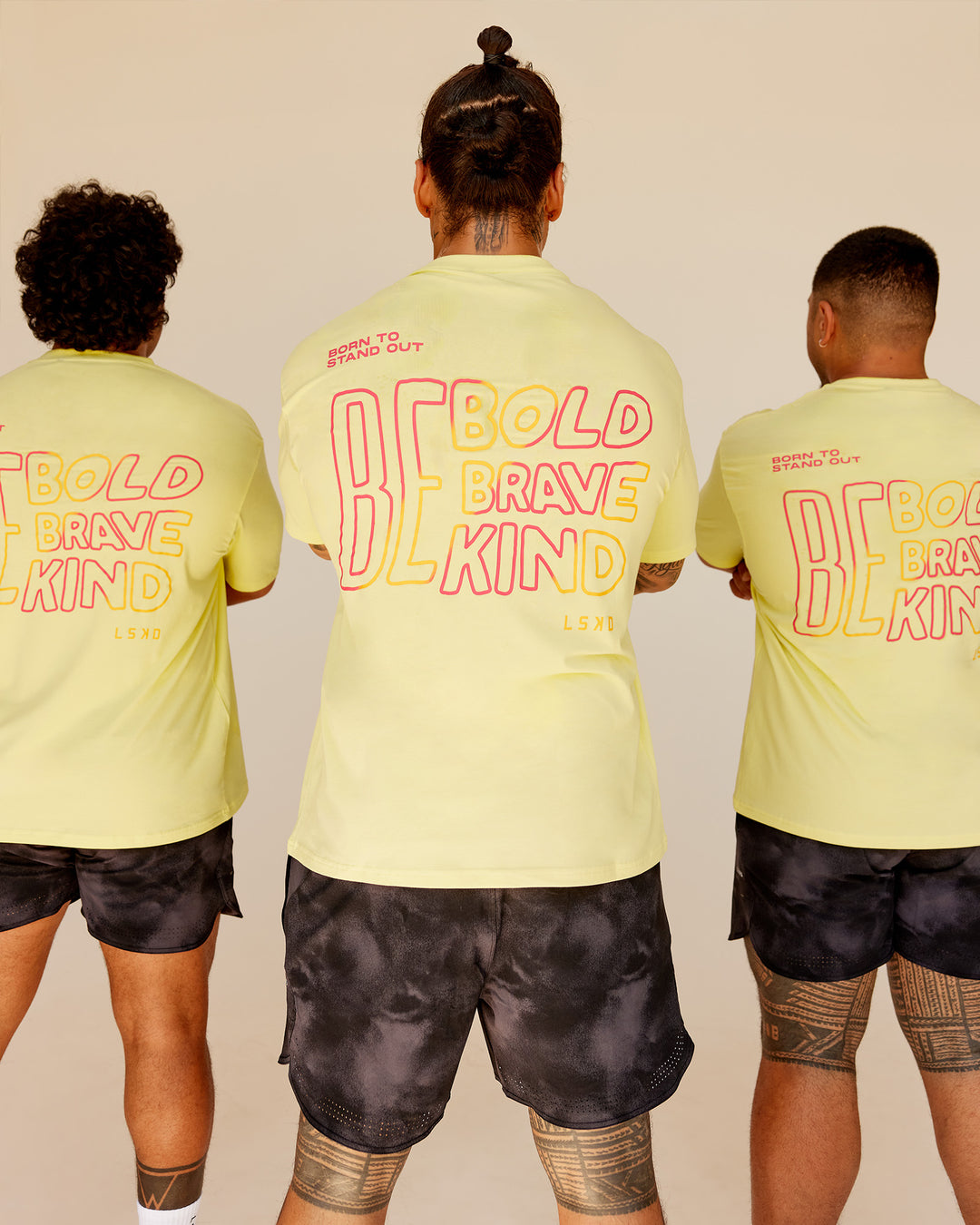 Man wearing Bold Brave and Kind FLXCotton Oversized Tee - Lemon Fizz | Model:Both | Size:L