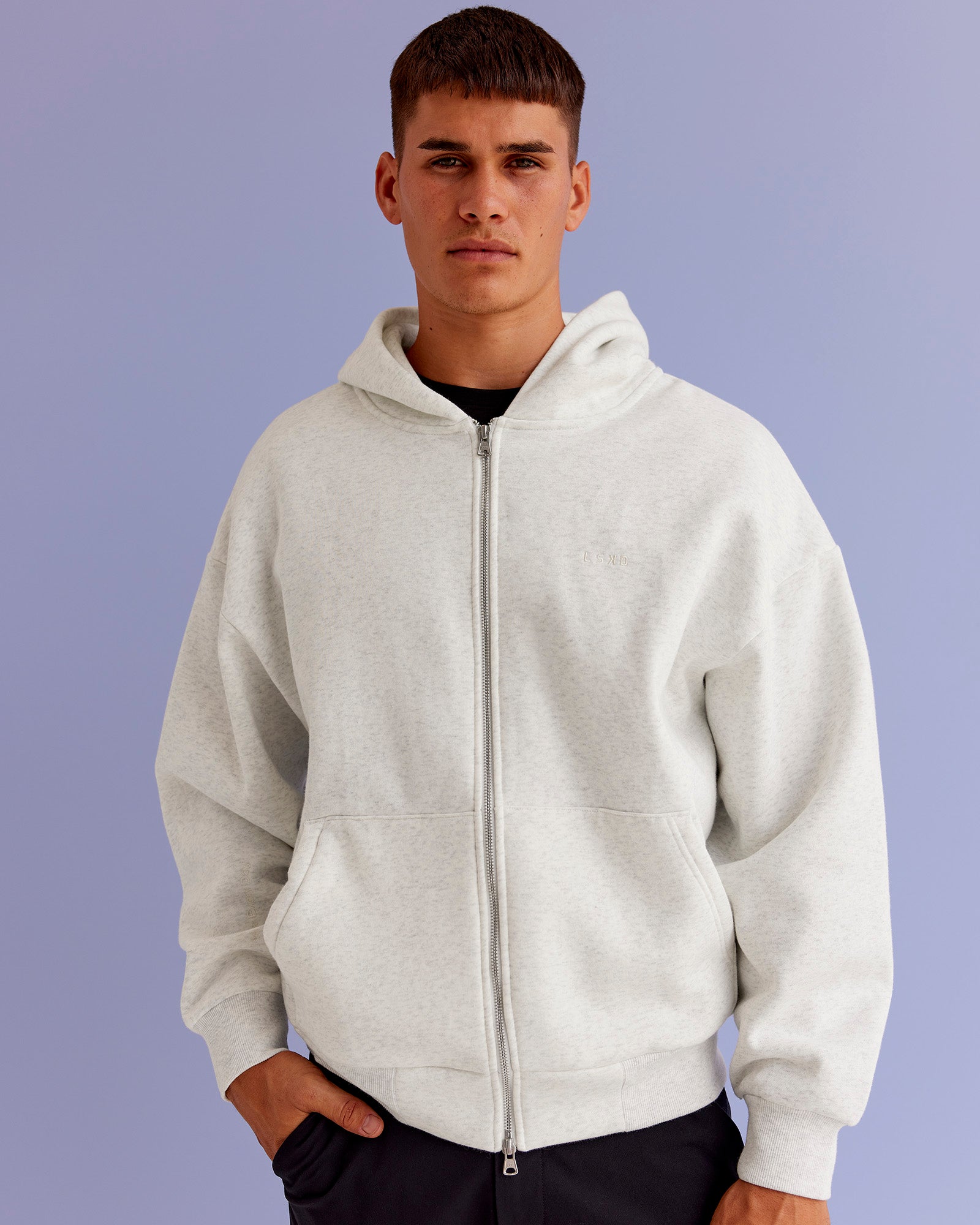 Base Zip Through Oversized Hoodie - Silver Marl | LSKD