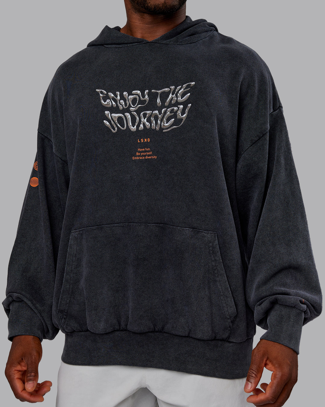 Man wearing Chrome Washed Oversized Hoodie - Black | Model:Sam | Size:L