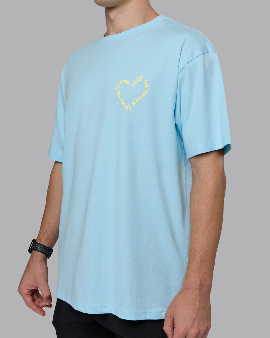 Man wearing Love The Process FLXCotton Oversize Tee - Crystal Blue-Lemon | Model:Cameron | Size:M