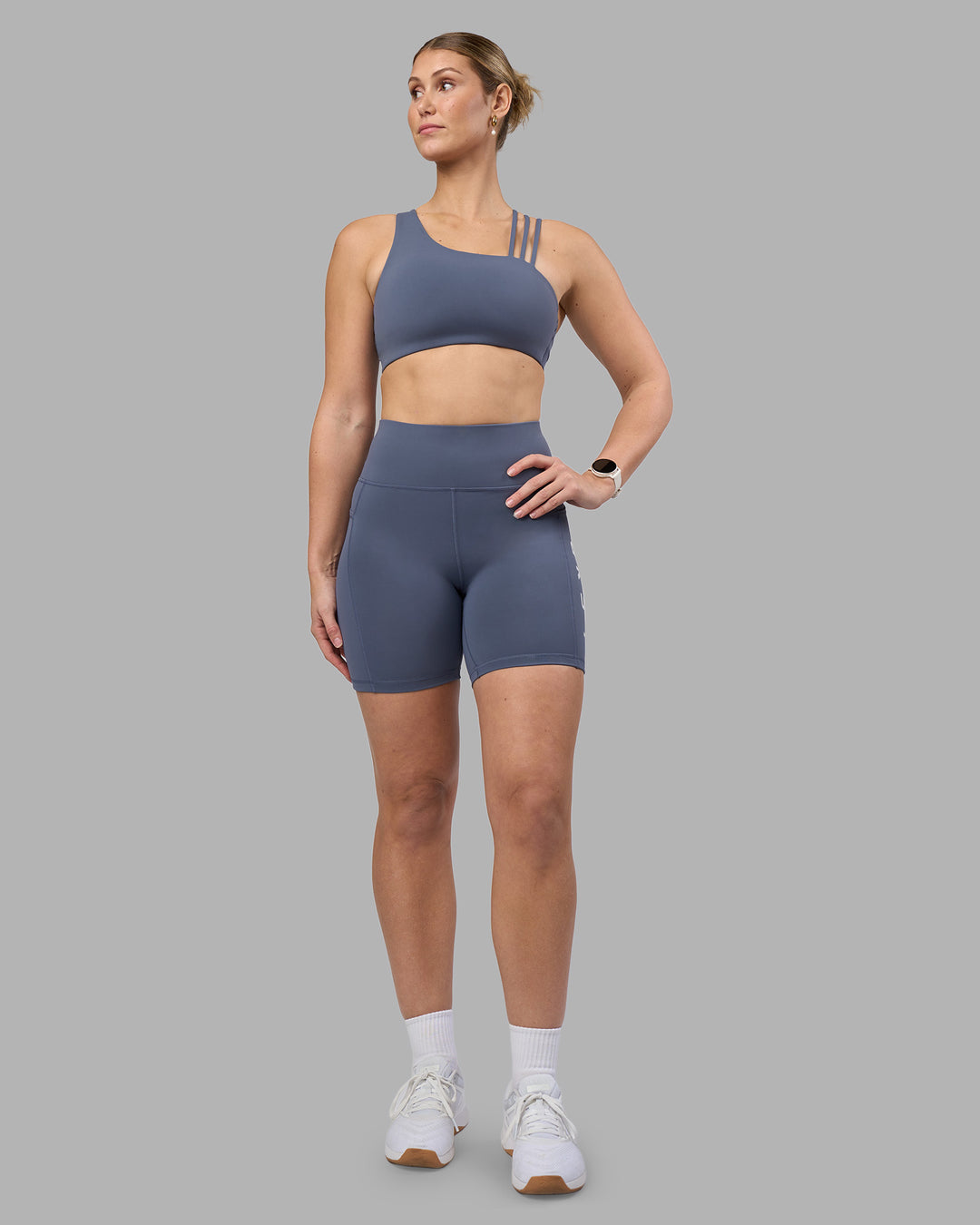 Woman wearing Rep Ultra High-Rise 6" Short Pockets - Night Shadow-White | Model:Amy | Size:M