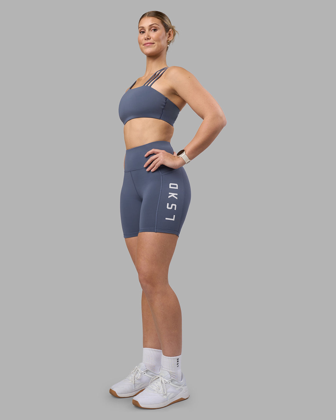 Woman wearing Rep Ultra High-Rise 6" Short Pockets - Night Shadow-White | Model:Amy | Size:M