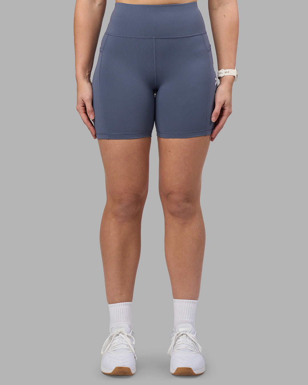 Woman wearing Rep Ultra High-Rise 6" Short Pockets - Night Shadow-White | Model:Amy | Size:M