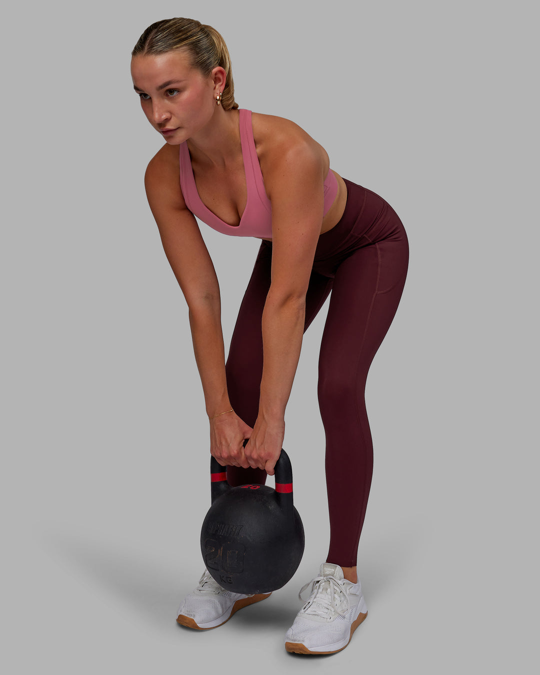 Woman wearing Elite High-Rise Full Length Legging Pockets - Dark Cherry