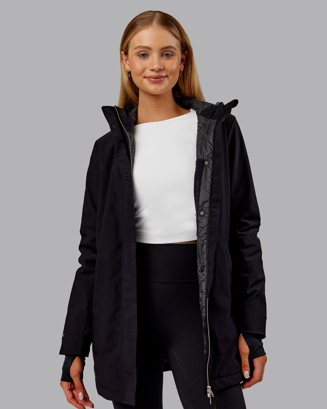 Woman wearing Auxiliary 2.0 Jacket - Black | Model:Ella | Size:S