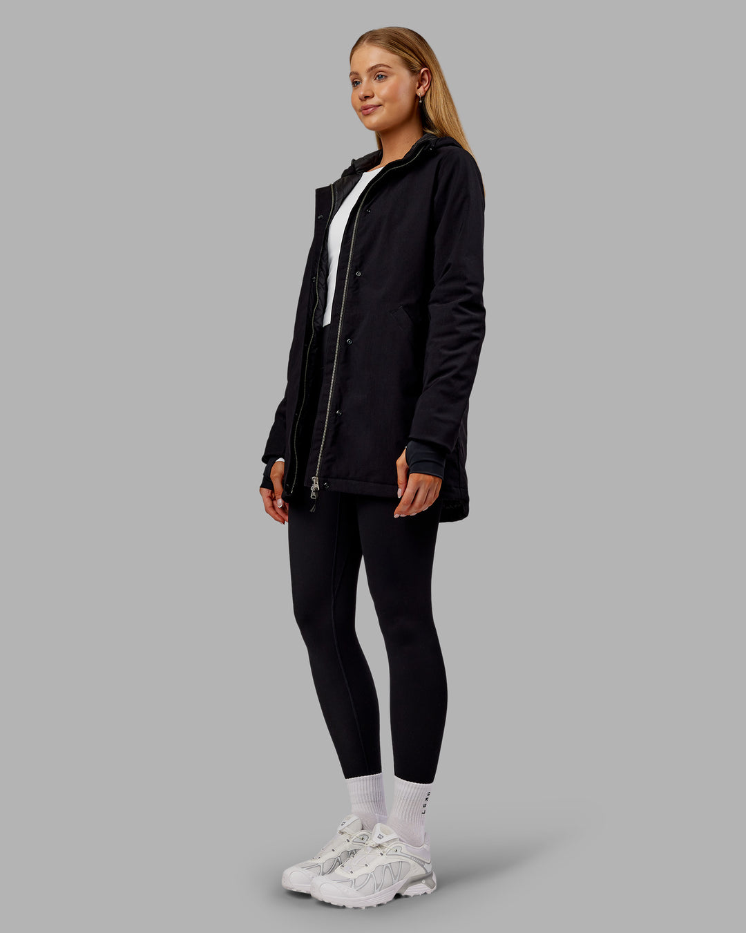 Woman wearing Auxiliary 2.0 Jacket - Black | Model:Ella | Size:S
