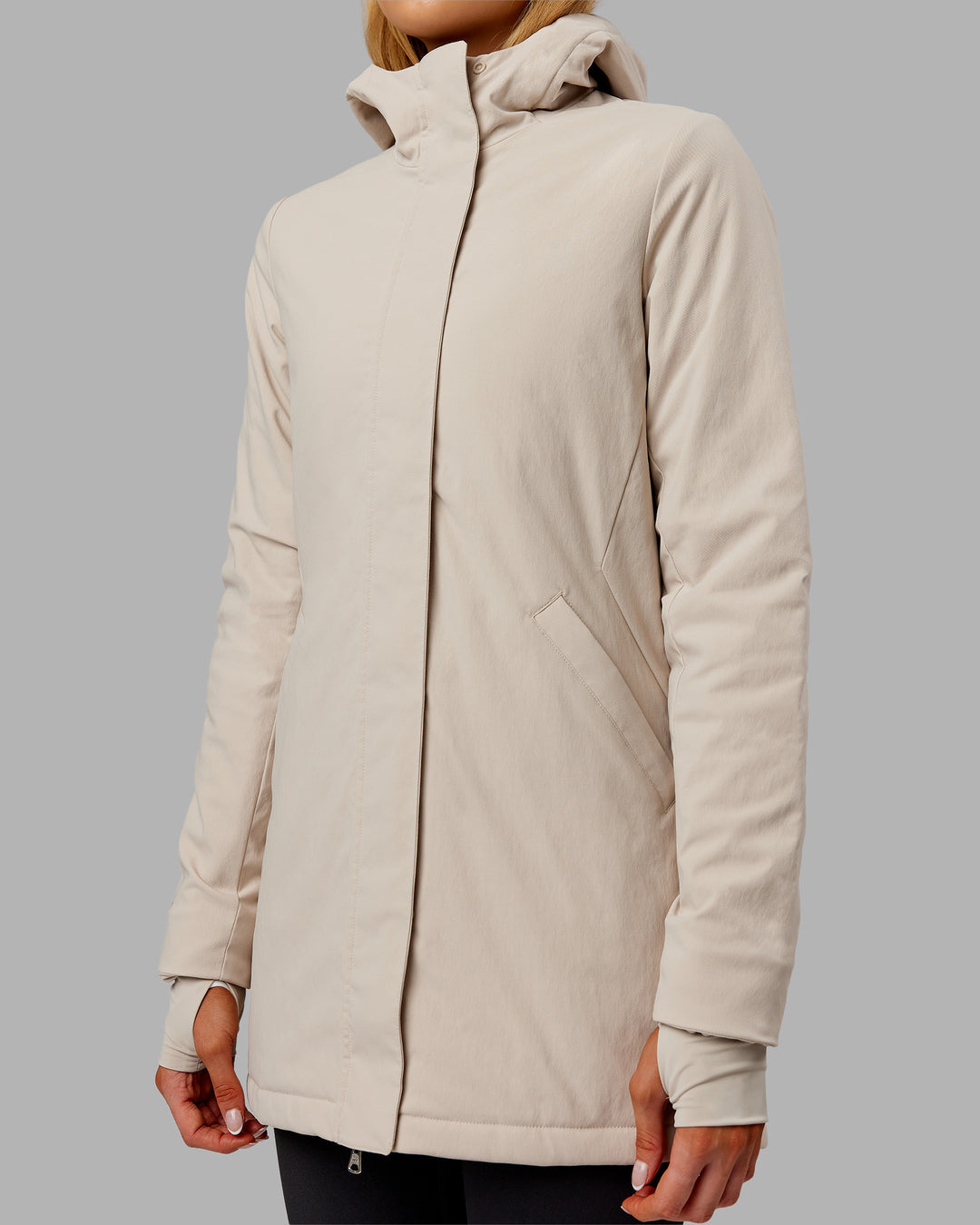 Woman wearing Auxiliary 2.0 Jacket - Shale Beige | Model:Ella | Size:S