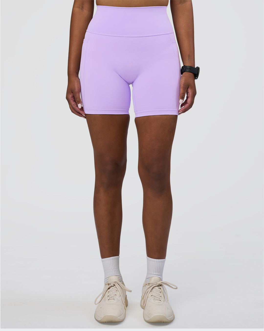 Woman wearing Fusion Ultra High-Rise 6" Short Pockets - Pale Lilac | Model:Rica | Size:S