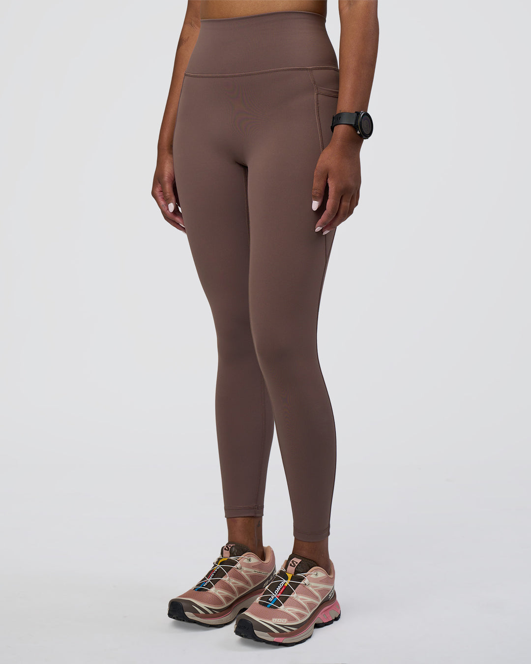 Woman wearing Fusion Ultra High-Rise 7/8 Legging Pockets - Peppercorn | Model:Rica | Size:S