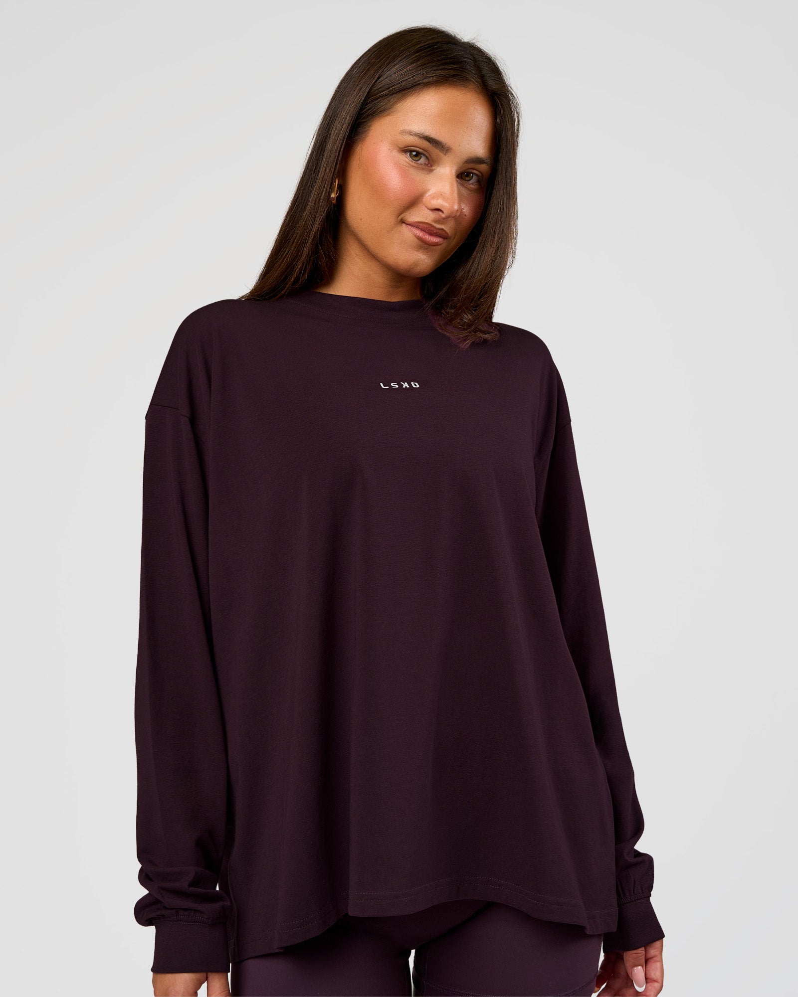 Go-To Long Sleeve FLXCotton Oversized Tee - Midnight Plum-White | LSKD