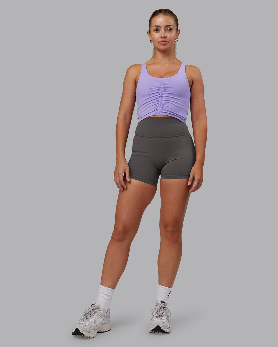 Woman wearing Liberty Ruched Tank - Violet Ray | Model:Hannah | Size:S