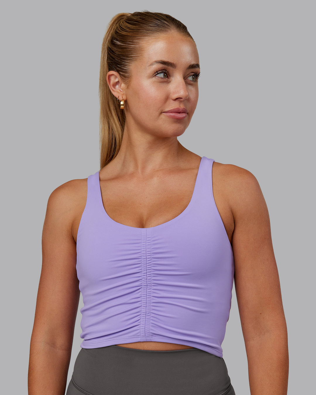 Woman wearing Liberty Ruched Tank - Violet Ray | Model:Hannah | Size:S