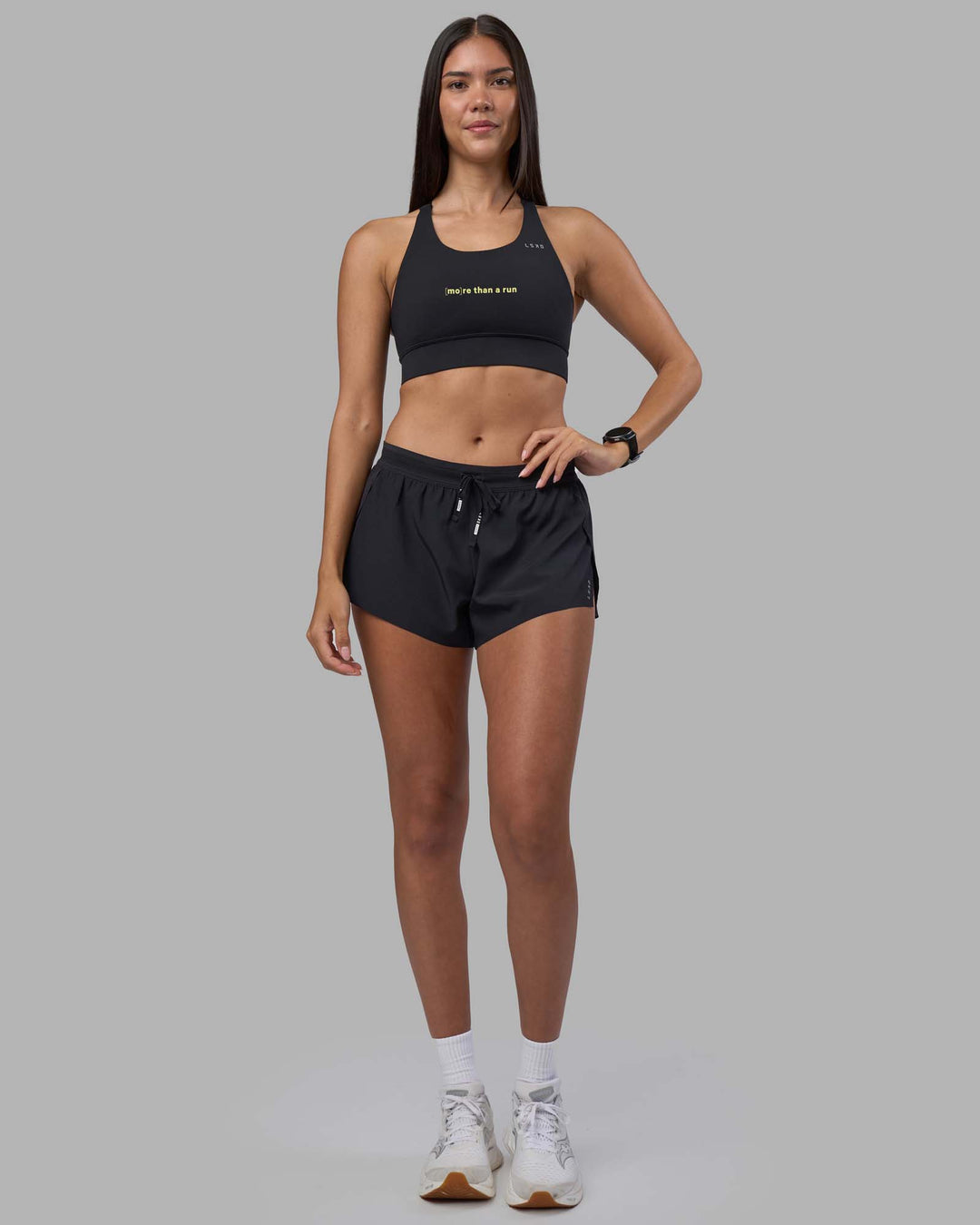 Woman wearing MTAR Accelerate Sports Bra - Black | Model:Rhiley | Size:S