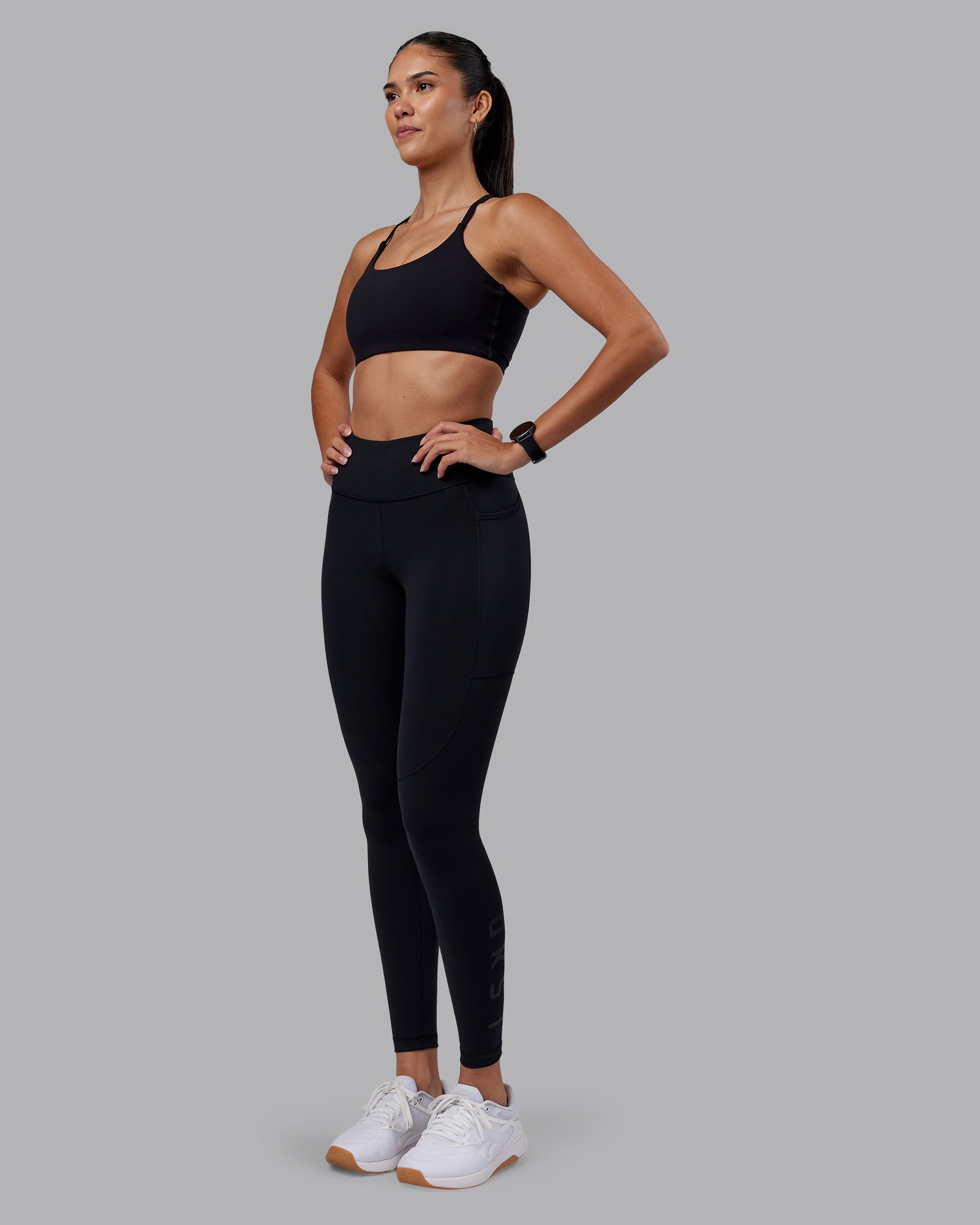 Woman wearing Rep Ultra High-Rise Full Length Legging Pockets - Black-Black | Model:Rhiley | Size:S