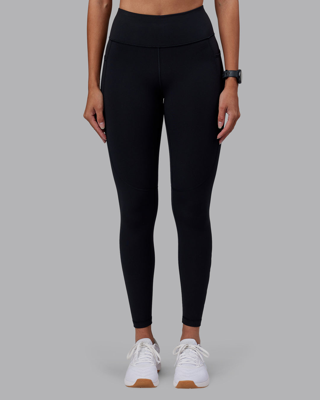 Woman wearing Rep Ultra High-Rise Full Length Legging Pockets - Black-Black | Model:Rhiley | Size:S