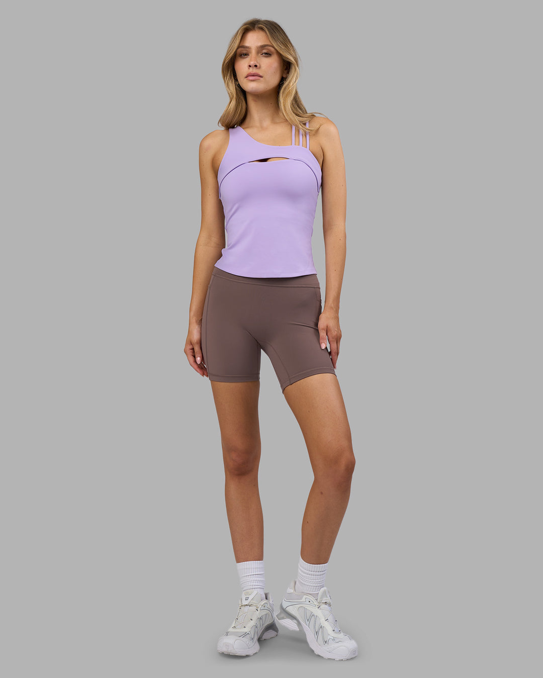 Woman wearing Galvanise Splice Shelf Bra Tank - Pale Lilac | Model:Leilani | Size:XS