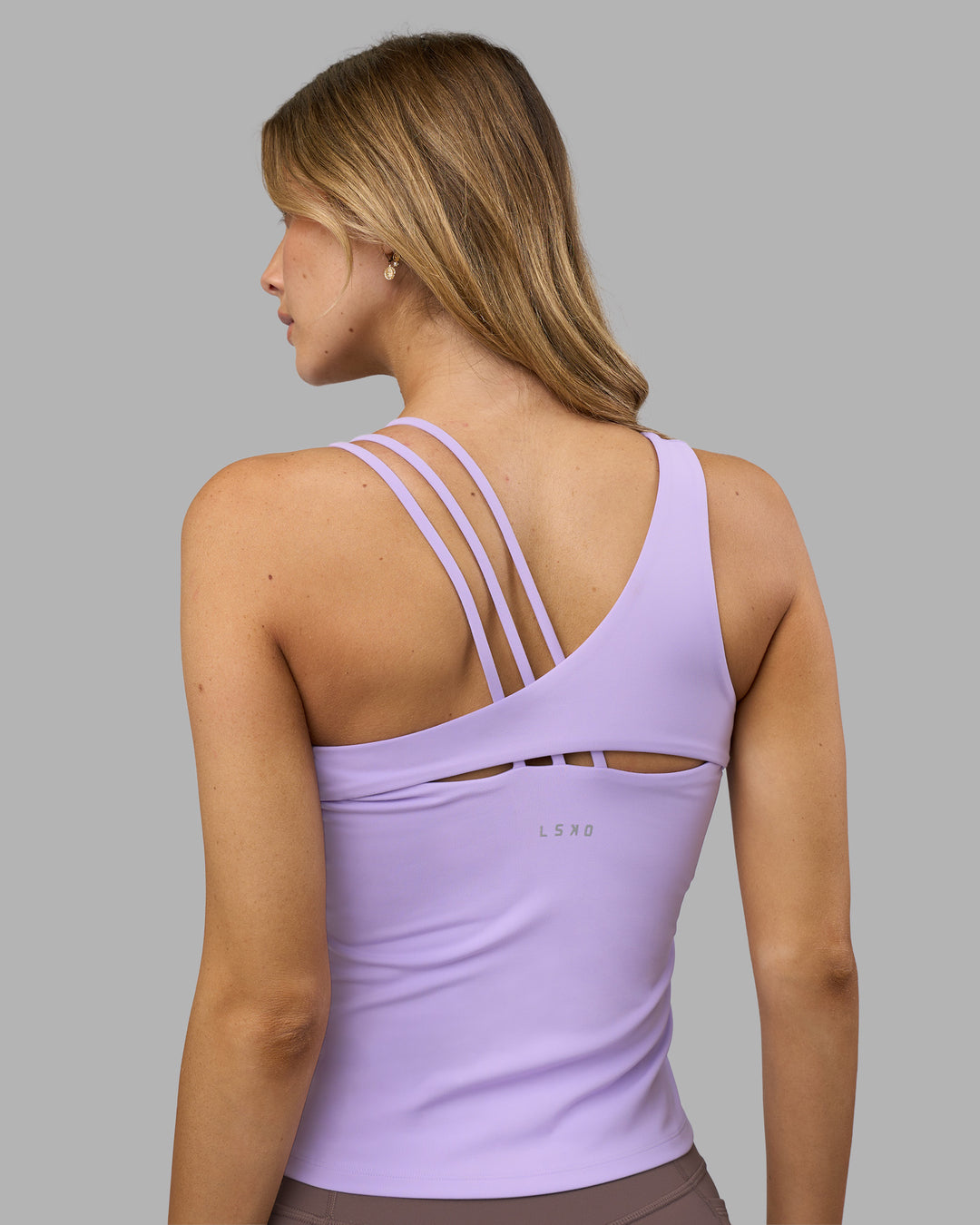 Woman wearing Galvanise Splice Shelf Bra Tank - Pale Lilac | Model:Leilani | Size:XS