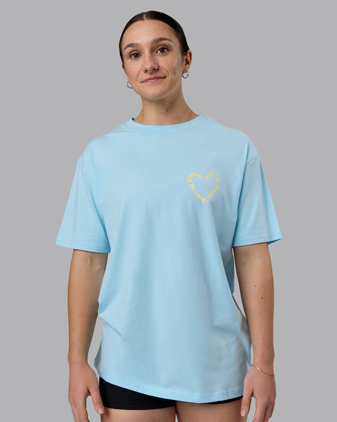 Woman wearing Love The Process FLXCotton Oversize Tee - Crystal Blue-Lemon | Model:Sav | Size:XS