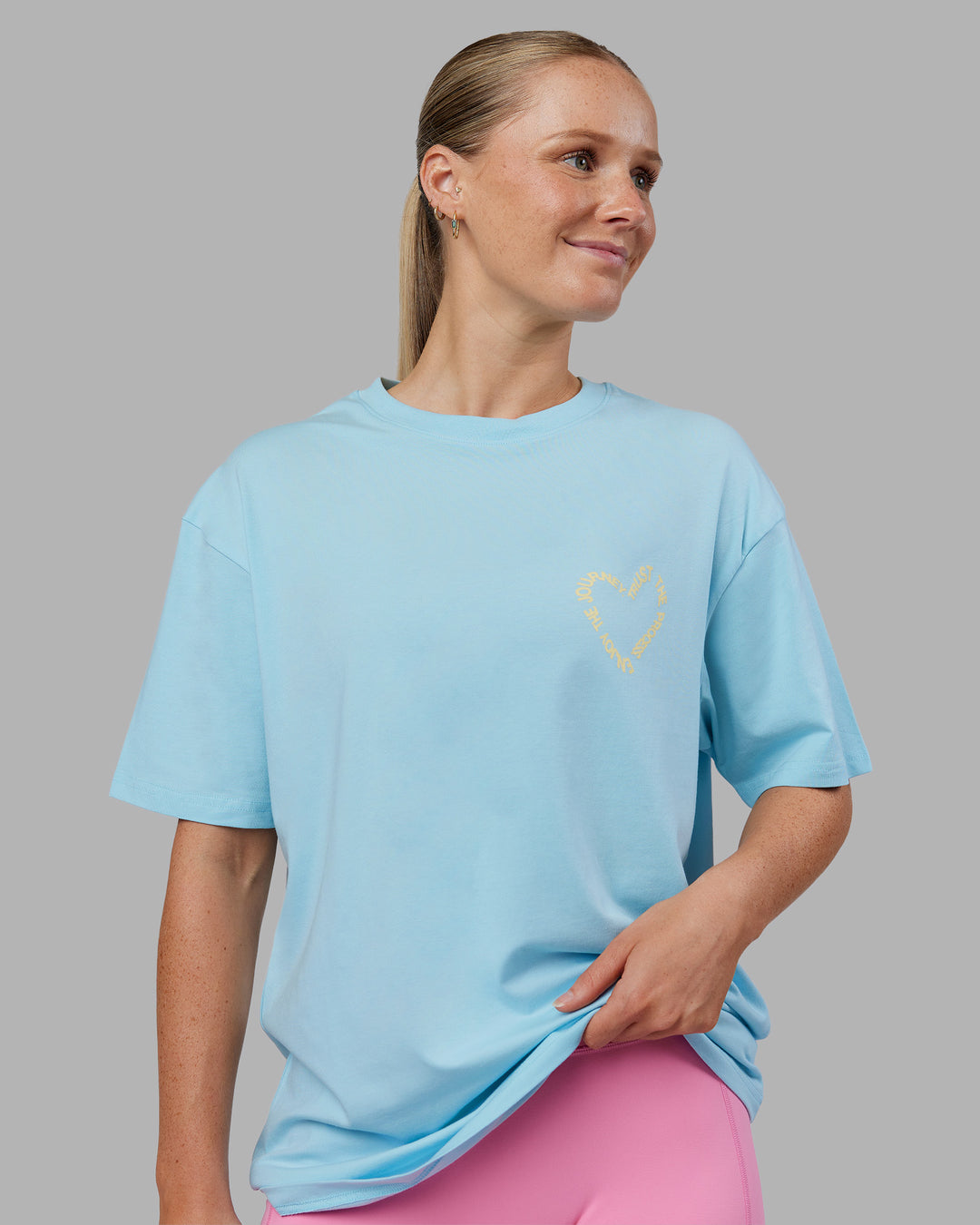 Woman wearing Love The Process FLXCotton Oversize Tee - Crystal Blue-Lemon | Model:Neve | Size:XS