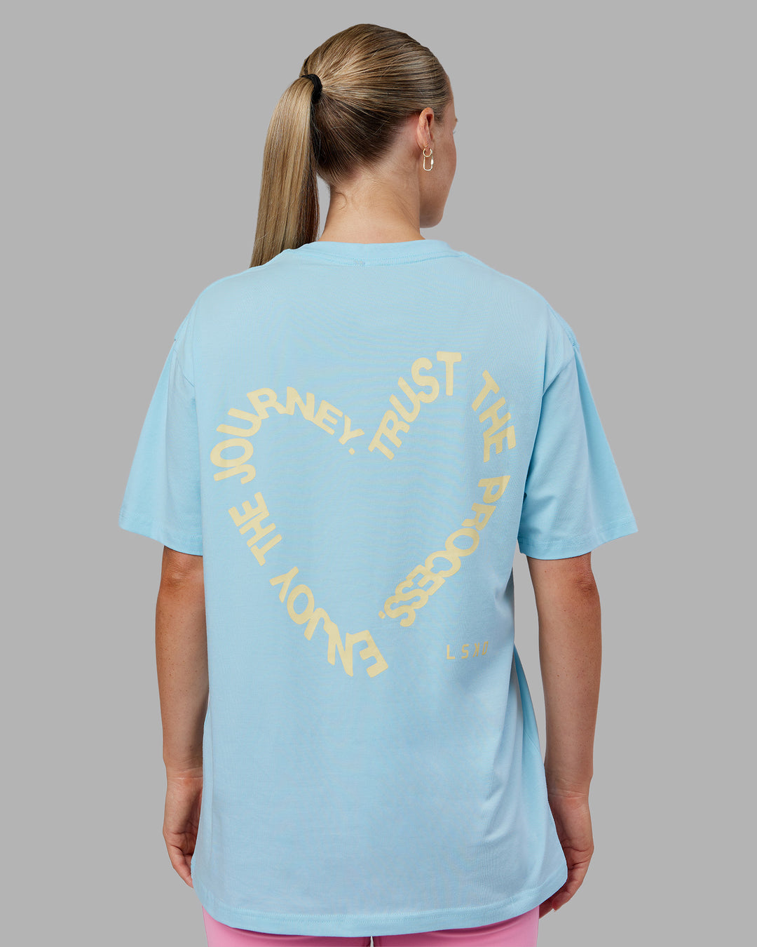 Woman wearing Love The Process FLXCotton Oversize Tee - Crystal Blue-Lemon | Model:Neve | Size:XS