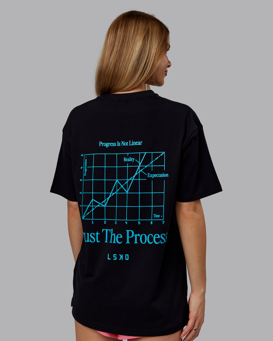 Woman wearing Trust The Process 2.0 FLXCotton Tee Oversize - Black-Blue Atoll | Model:Emilie | Size:XS