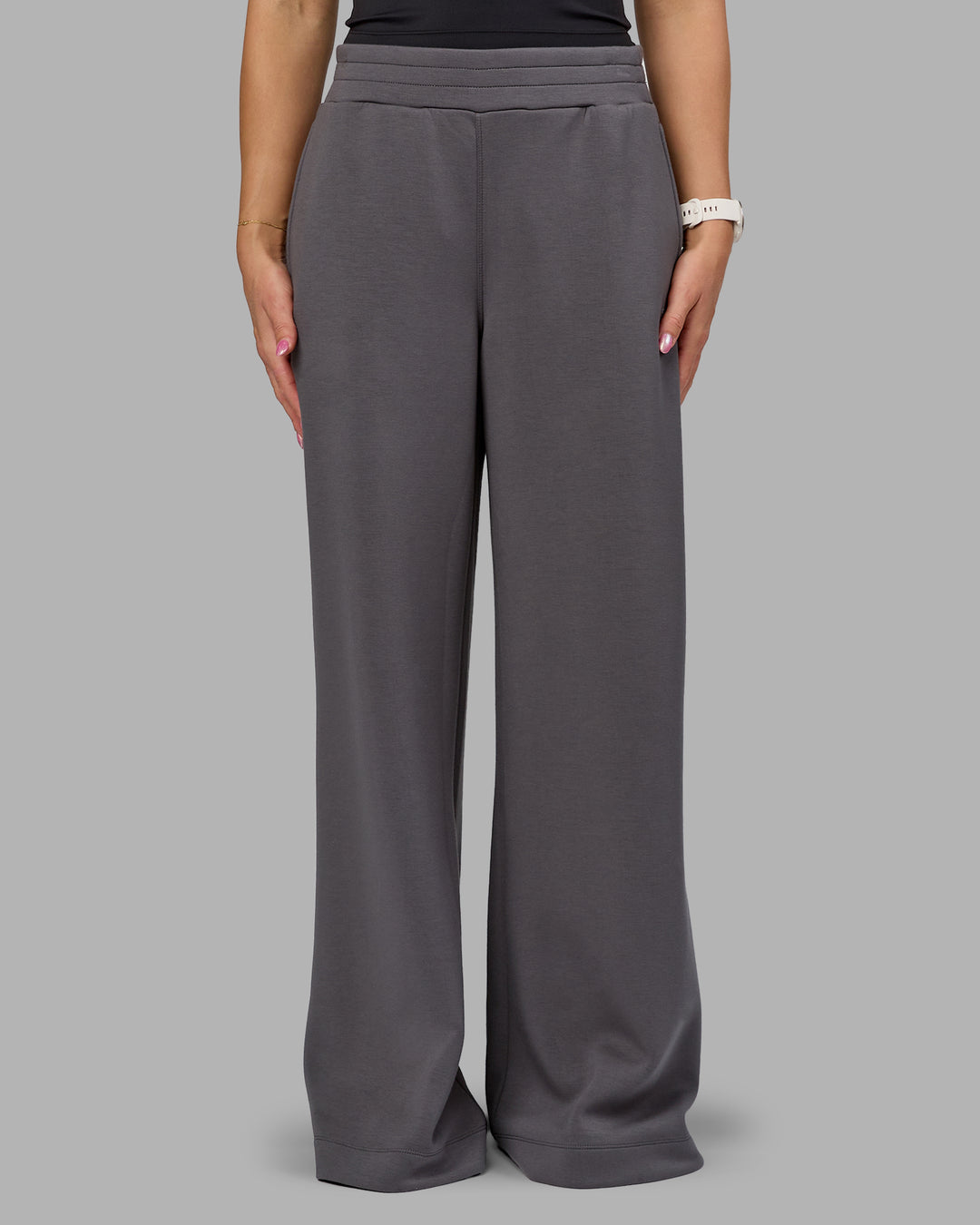 Woman wearing Elevate SoftTouch Wide Leg Pant - Asphalt | Model:Halle | Size:S