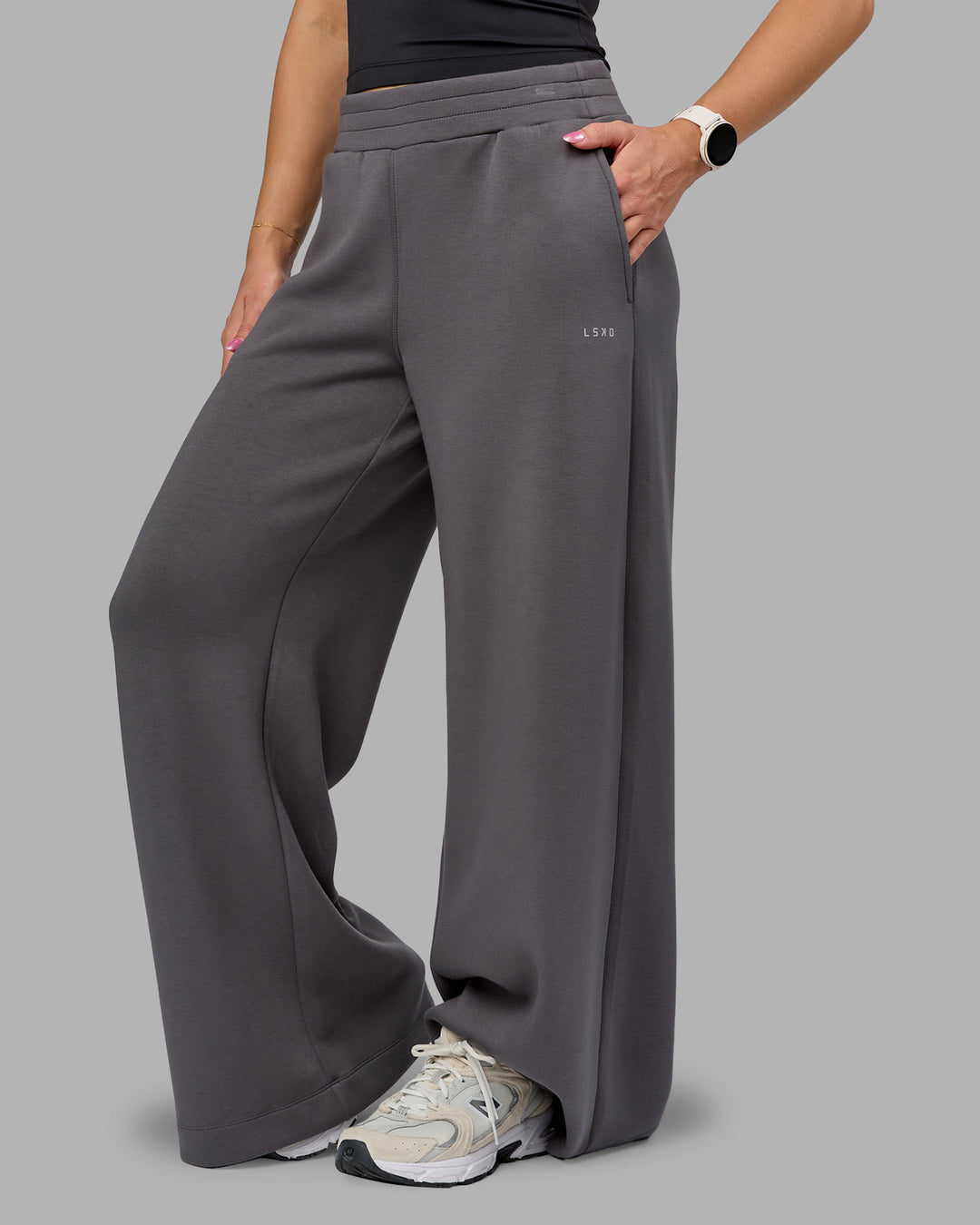 Woman wearing Elevate SoftTouch Wide Leg Pant - Asphalt | Model:Halle | Size:S