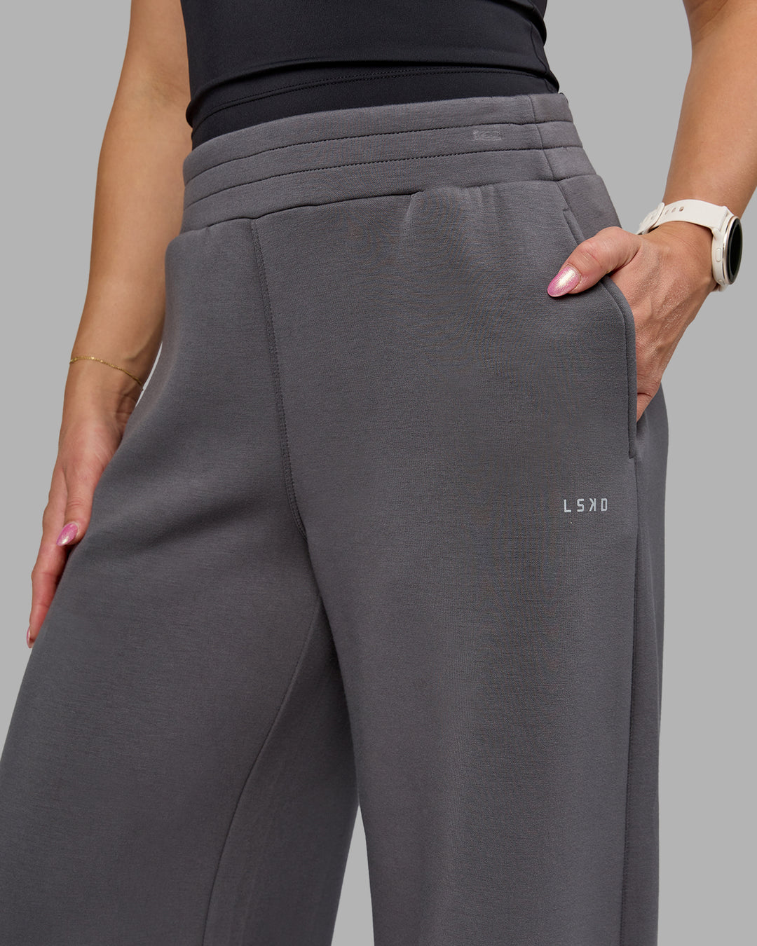 Woman wearing Elevate SoftTouch Wide Leg Pant - Asphalt | Model:Halle | Size:S