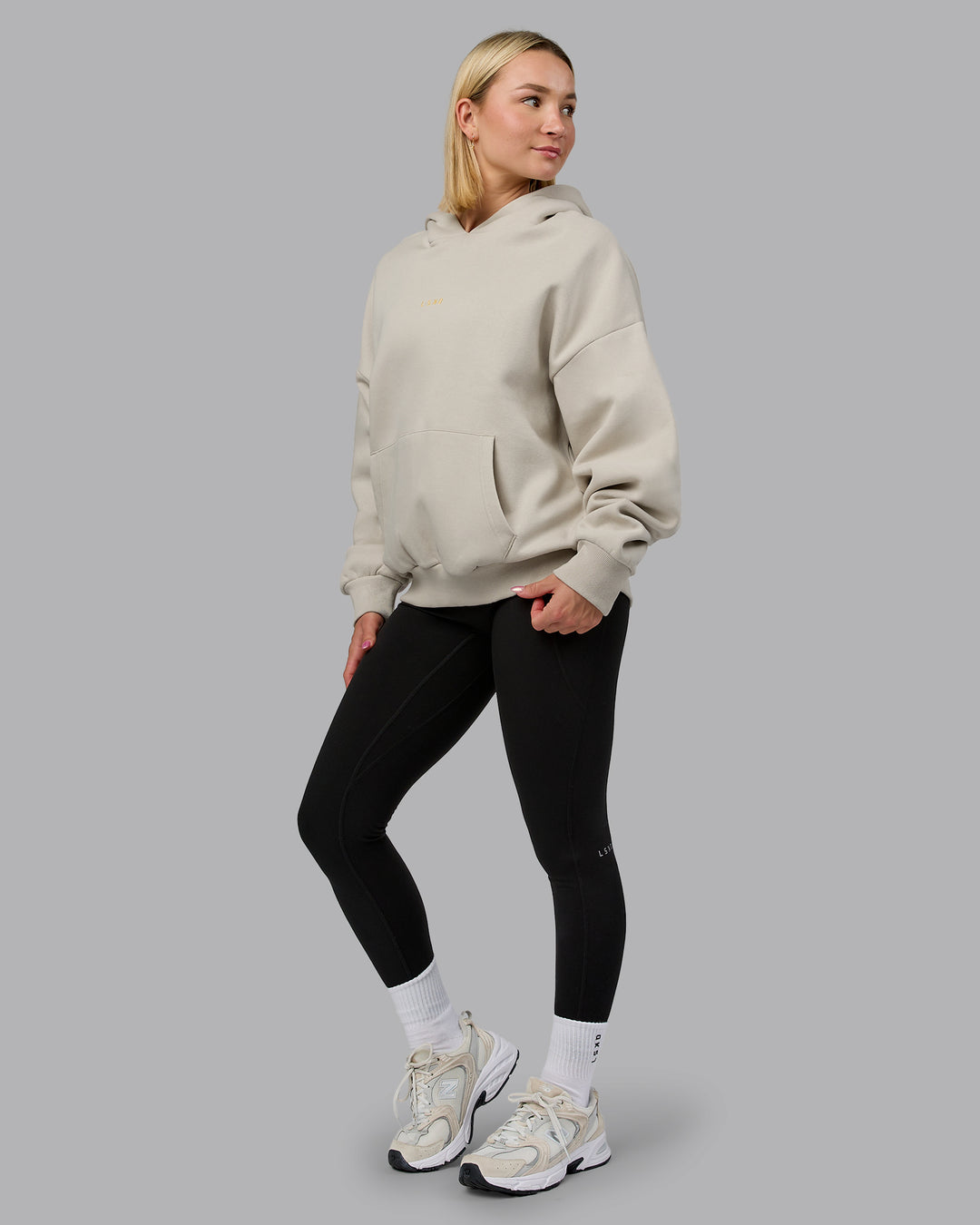 Woman wearing MVP Oversized Hoodie - Shale Beige | Model:Halle | Size:XS