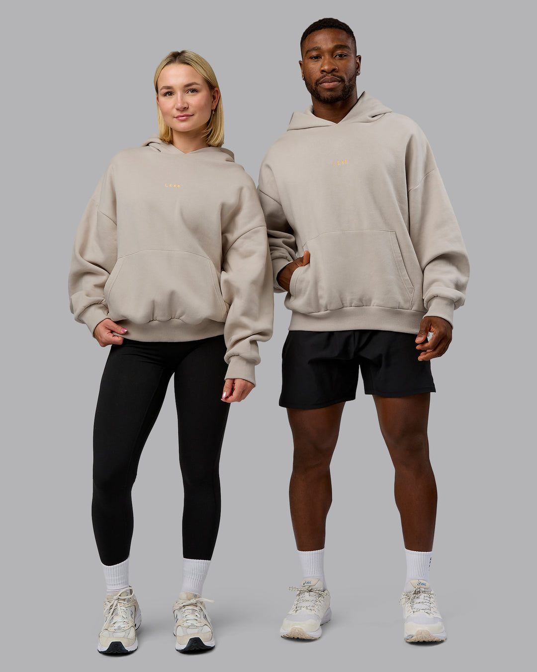 Duo wearing MVP Oversized Hoodie - Shale Beige | Model:Duo | Size:Duo
