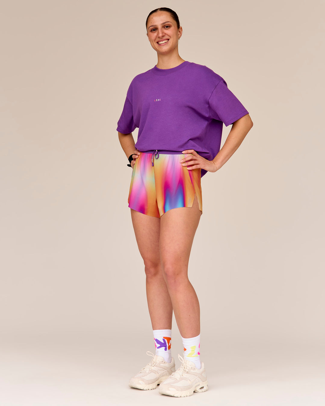 Woman wearing Pride Sticker Boxy Tee - Fresh Purple