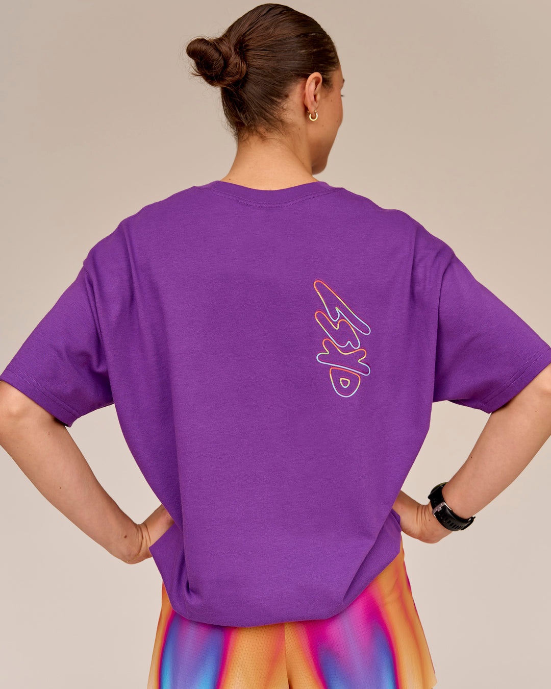 Woman wearing Pride Sticker Boxy Tee - Fresh Purple