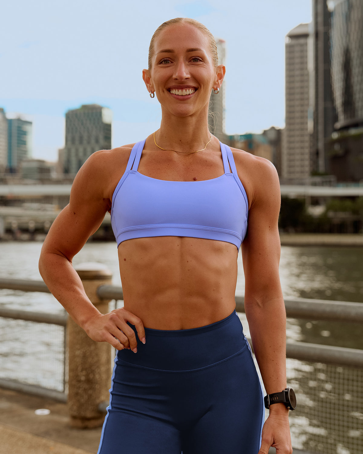 Woman wearing Velocity Sports Bra - Bluebell | Model:Bec| Size:S