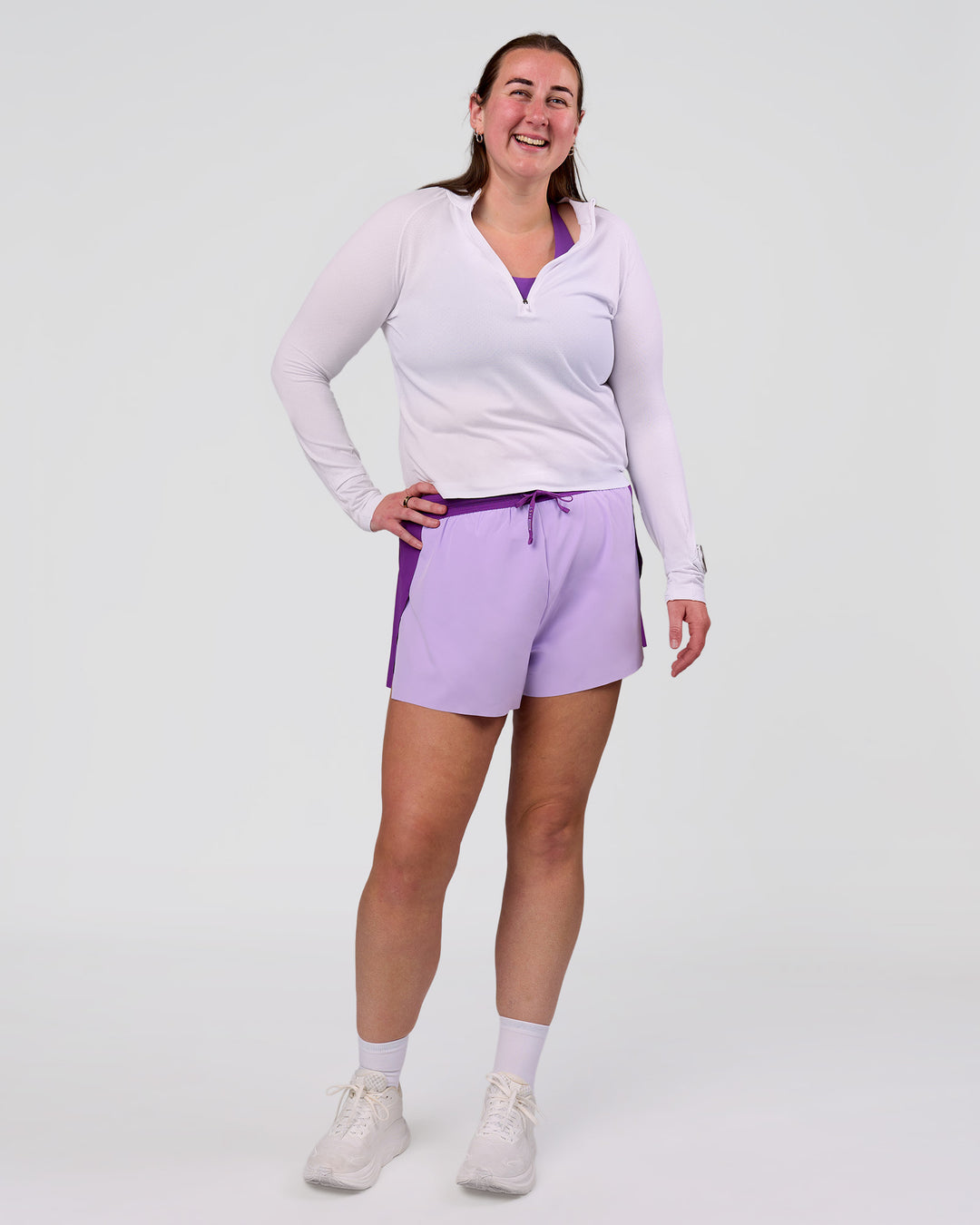 Woman wearing Accelerate 3" High-Rise Running Short - Chloe Purple | Model:Chloe | Size:3XL - view 6
