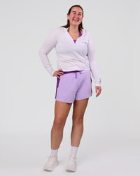 Woman wearing Accelerate 3" High-Rise Running Short - Chloe Purple | Model:Chloe | Size:3XL | Thumbnail Index: 5