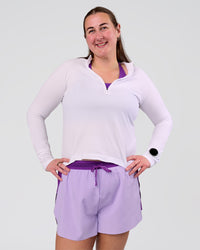 Woman wearing Accelerate 3" High-Rise Running Short - Chloe Purple | Model:Chloe | Size:3XL | Thumbnail Index: 4