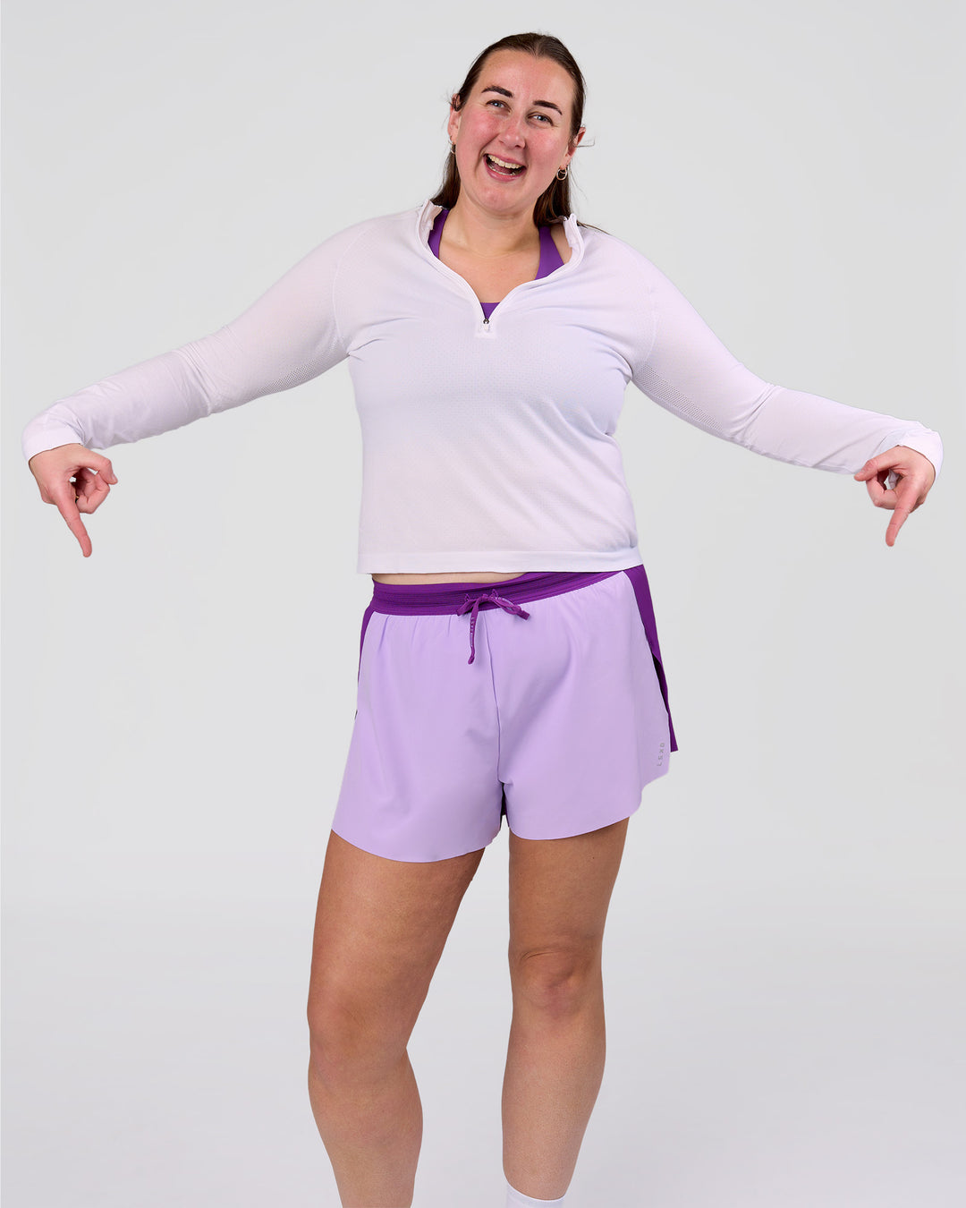 Woman wearing Accelerate 3" High-Rise Running Short - Chloe Purple | Model:Chloe | Size:3XL - view 2